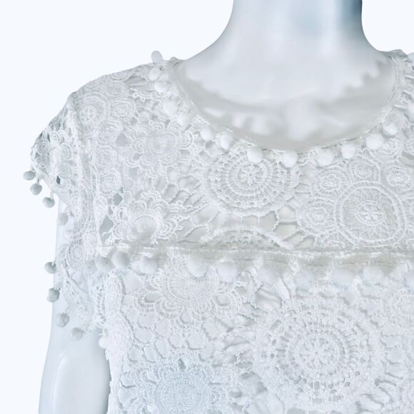 Lace Embroidered Short Sleeve Pom Pom Blouse White Coquette - Picture 3 of 10